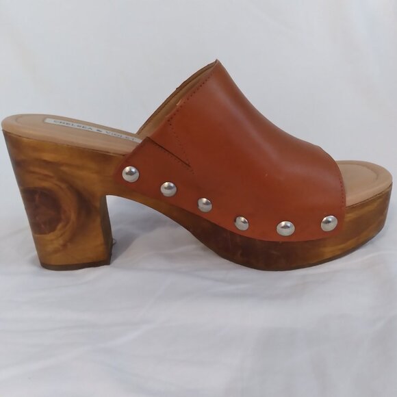 Chelsea & Violet "Verger" Brown Leather Open Toe Platform Heeled Mule Size 7.5 - Picture 2 of 11